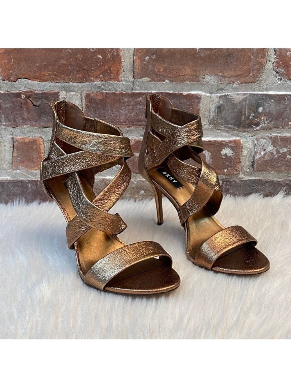 DKNY Iggi Bronze Strappy Heels, Size 7
